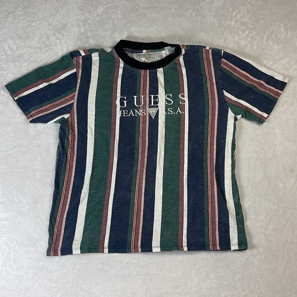 Guess Jeans USA Men's T-Shirt Multi Color Striped Size M Embroidered Logo 90s